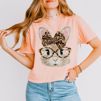 Leopard Bow Bunny Crop Top, Cute Rabbit Glasses Graphic Tee