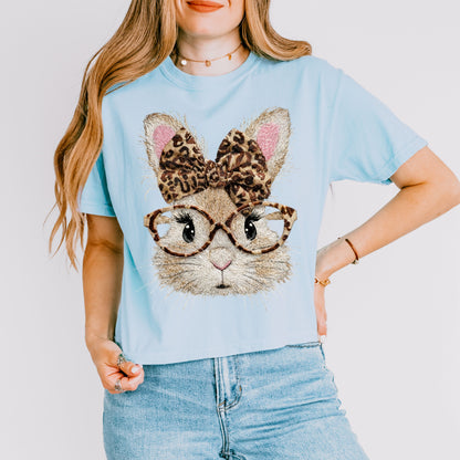 Leopard Bow Bunny Crop Top, Cute Rabbit Glasses Graphic Tee