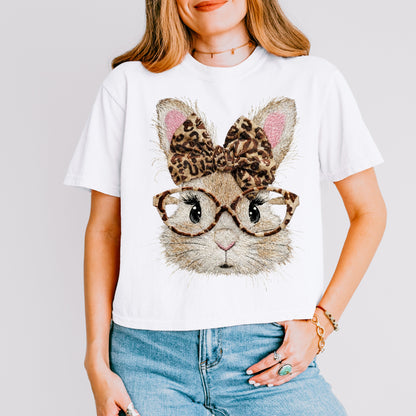 Leopard Bow Bunny Crop Top, Cute Rabbit Glasses Graphic Tee