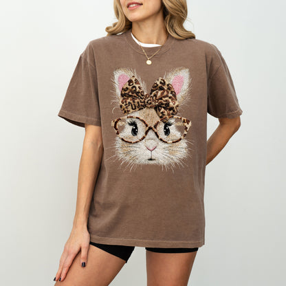 Leopard Bow Bunny Graphic T-Shirt, Cute Rabbit Glasses Tee for Women