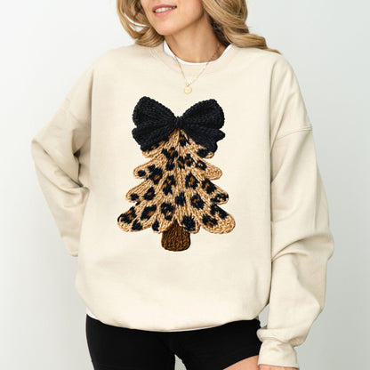 Faux Yarn Leopard Knit Christmas Tree Sweatshirt, Cozy Winter Holiday Graphic Pullover