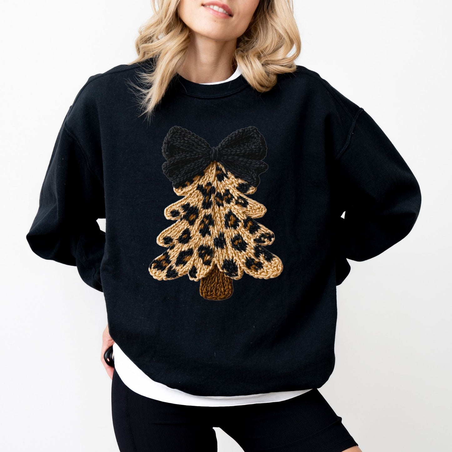 Faux Yarn Leopard Knit Christmas Tree Sweatshirt, Cozy Winter Holiday Graphic Pullover