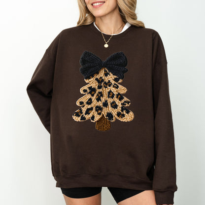 Faux Yarn Leopard Knit Christmas Tree Sweatshirt, Cozy Winter Holiday Graphic Pullover