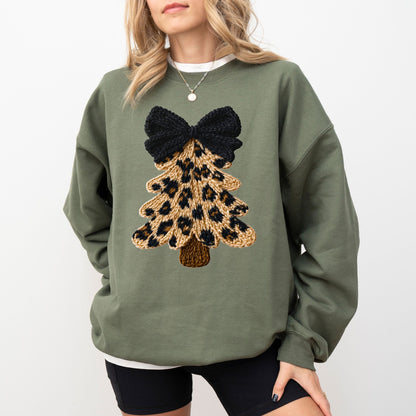 Faux Yarn Leopard Knit Christmas Tree Sweatshirt, Cozy Winter Holiday Graphic Pullover