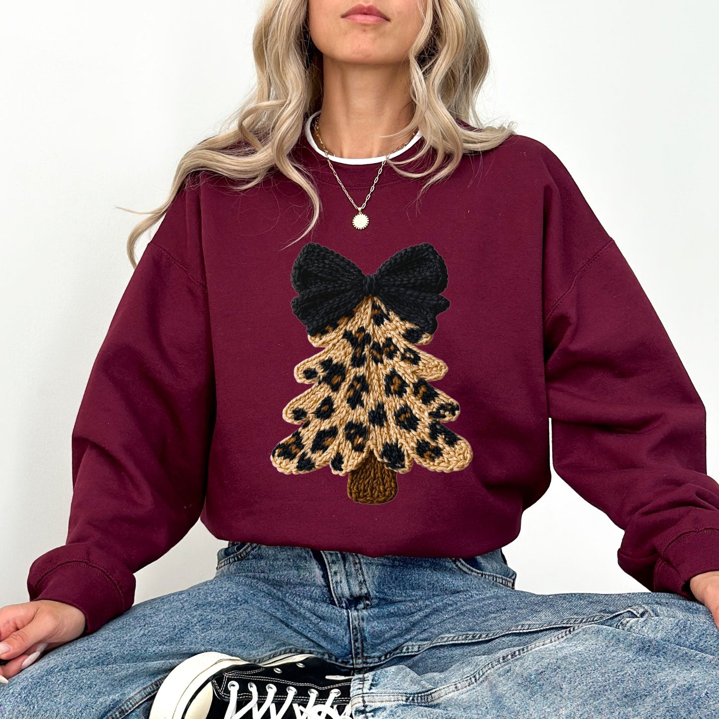 Faux Yarn Leopard Knit Christmas Tree Sweatshirt, Cozy Winter Holiday Graphic Pullover