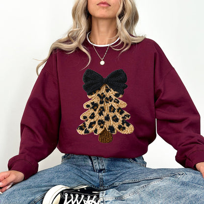 Faux Yarn Leopard Knit Christmas Tree Sweatshirt, Cozy Winter Holiday Graphic Pullover