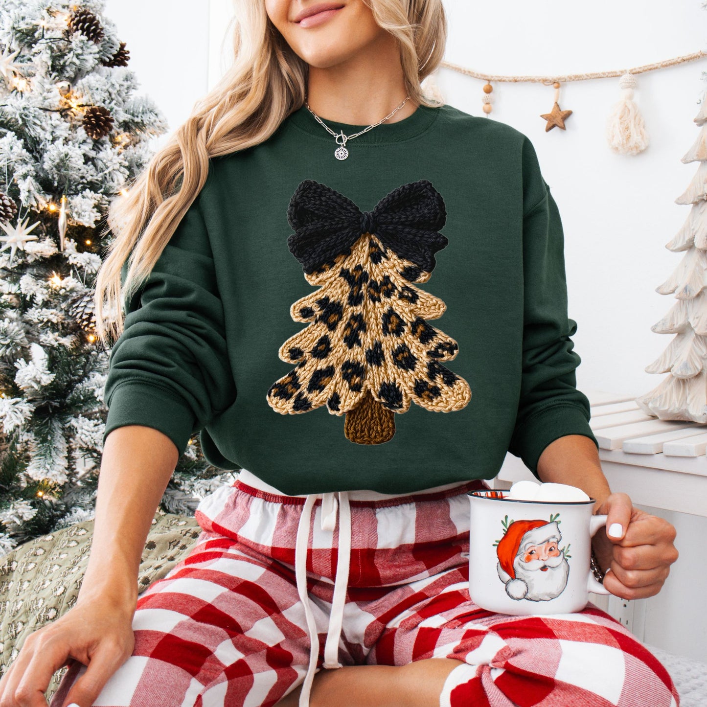 Faux Yarn Leopard Knit Christmas Tree Sweatshirt, Cozy Winter Holiday Graphic Pullover