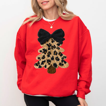 Faux Yarn Leopard Knit Christmas Tree Sweatshirt, Cozy Winter Holiday Graphic Pullover