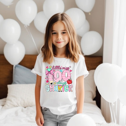 Little Miss 100 Days Smarter Kids T-Shirt, 100 Days of School Girl Shirt, Cute School Milestone Tee