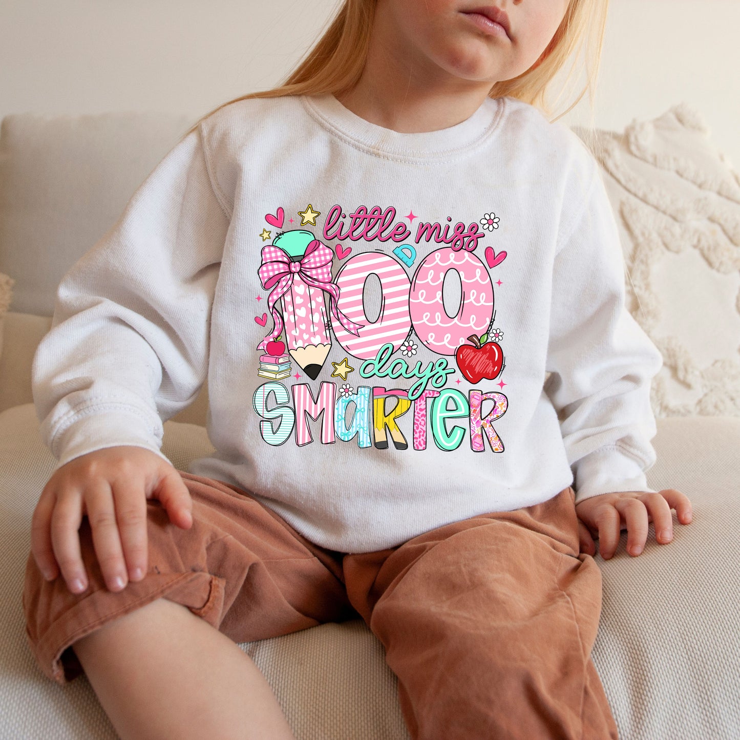 Little Miss 100 Days Smarter Sweatshirt, 100th Day of School Girls Crewneck, Cute Kids School Sweatshirt
