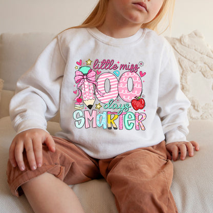 Little Miss 100 Days Smarter Sweatshirt, 100th Day of School Girls Crewneck, Cute Kids School Sweatshirt