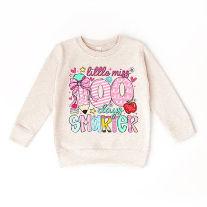 Little Miss 100 Days Smarter Sweatshirt, 100th Day of School Girls Crewneck, Cute Kids School Sweatshirt