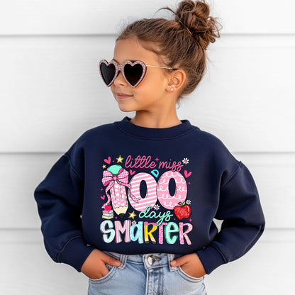 Little Miss 100 Days Smarter Sweatshirt, 100th Day of School Girls Crewneck, Cute Kids School Sweatshirt