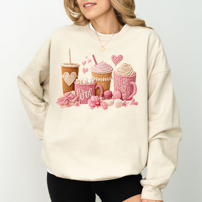 Love Coffee Knit Style Sweatshirt, Cozy Valentine Coffee Lover Crewneck