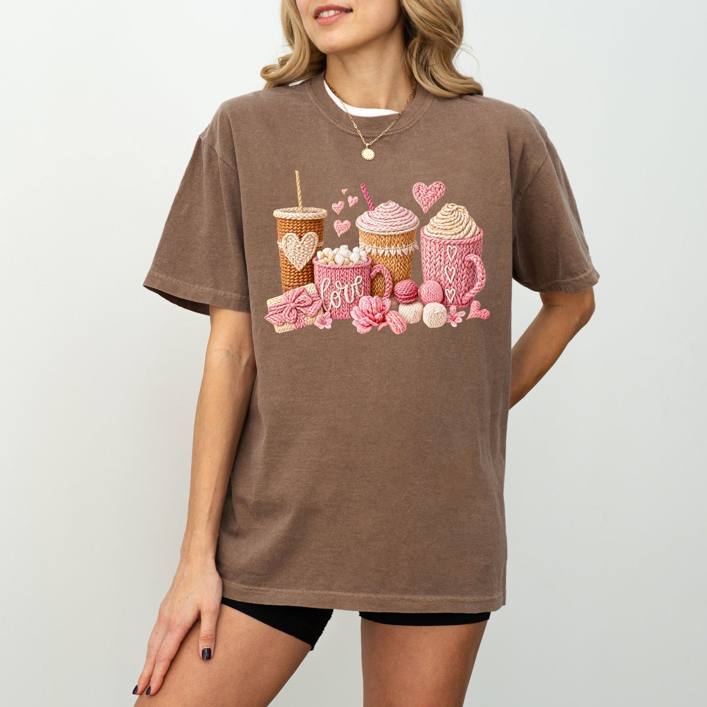 Love Coffee Knit Style T-Shirt, Cozy Coffee Lover Graphic Tee, Valentine Aesthetic Top