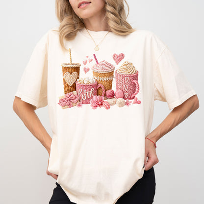 Love Coffee Knit Style T-Shirt, Cozy Coffee Lover Graphic Tee, Valentine Aesthetic Top