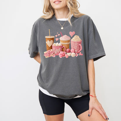Love Coffee Knit Style T-Shirt, Cozy Coffee Lover Graphic Tee, Valentine Aesthetic Top