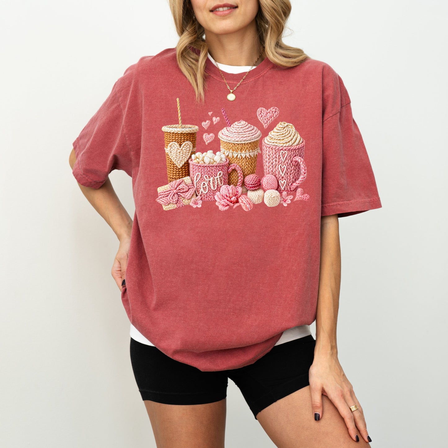 Love Coffee Knit Style T-Shirt, Cozy Coffee Lover Graphic Tee, Valentine Aesthetic Top