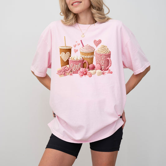 Love Coffee Knit Style T-Shirt, Cozy Coffee Lover Graphic Tee, Valentine Aesthetic Top