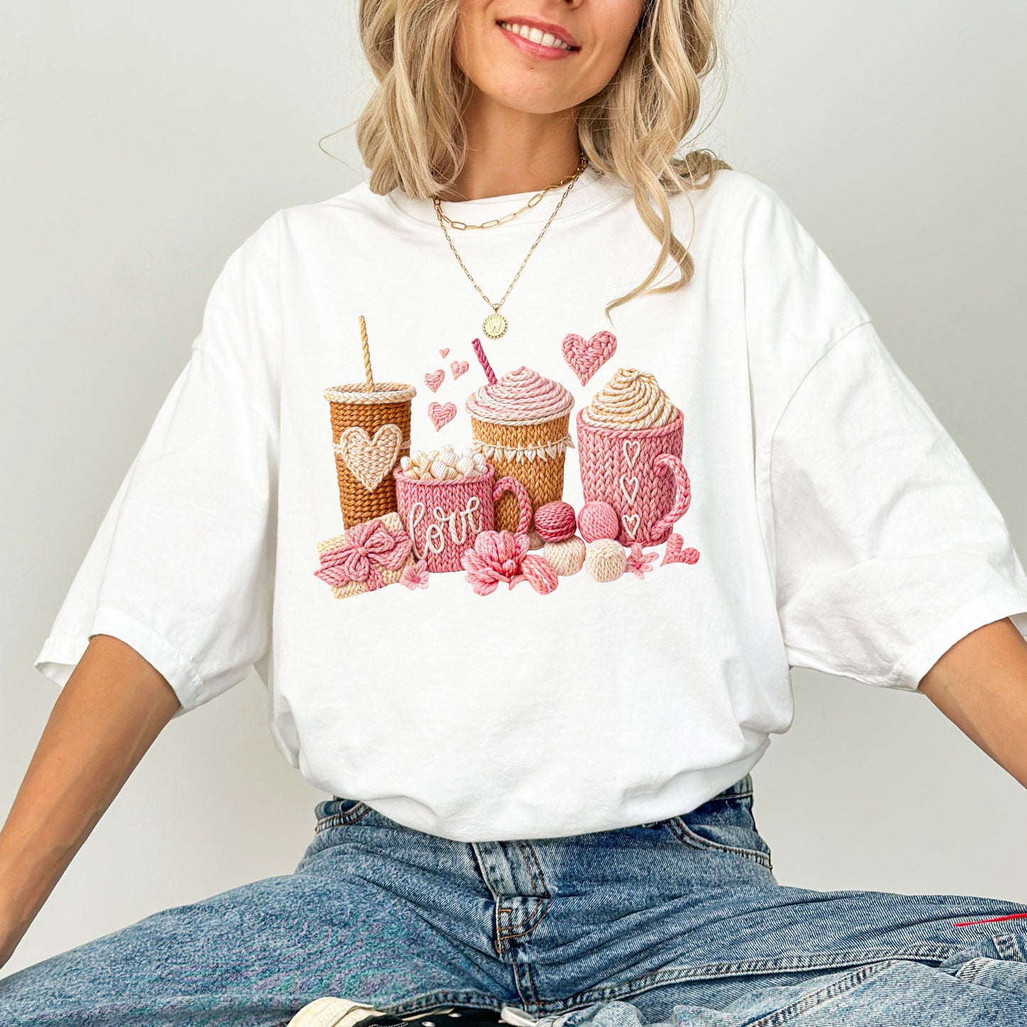Love Coffee Knit Style T-Shirt, Cozy Coffee Lover Graphic Tee, Valentine Aesthetic Top