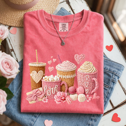 Love Coffee Knit Style T-Shirt, Cozy Coffee Lover Graphic Tee, Valentine Aesthetic Top