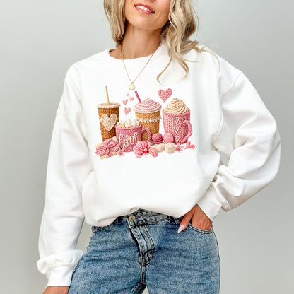 Love Coffee Knit Style Sweatshirt, Cozy Valentine Coffee Lover Crewneck