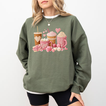 Love Coffee Knit Style Sweatshirt, Cozy Valentine Coffee Lover Crewneck