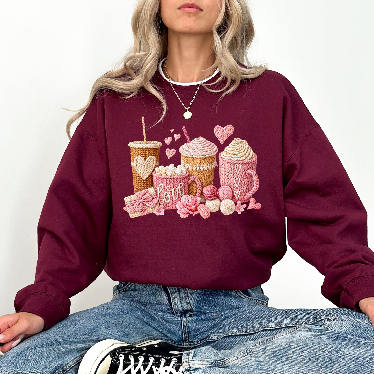 Love Coffee Knit Style Sweatshirt, Cozy Valentine Coffee Lover Crewneck