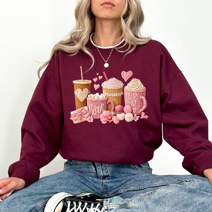Love Coffee Knit Style Sweatshirt, Cozy Valentine Coffee Lover Crewneck