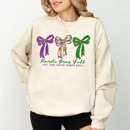 Mardi Gras Bow Sweatshirt, Purple Green Gold Graphic Crewneck, Let The Good Times Roll Sweatshirt