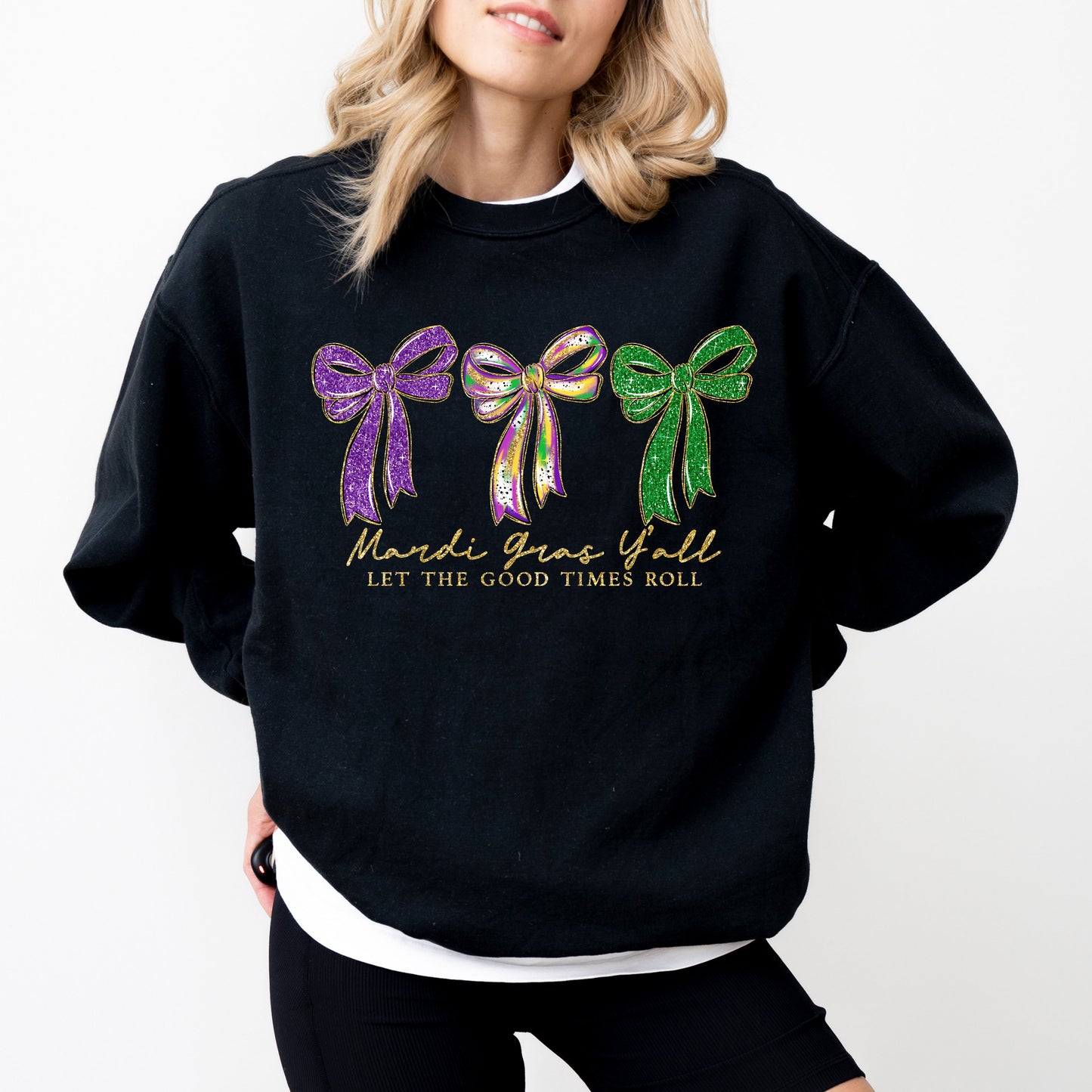 Mardi Gras Bow Sweatshirt, Purple Green Gold Graphic Crewneck, Let The Good Times Roll Sweatshirt