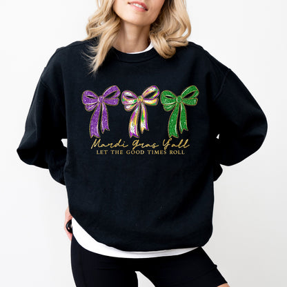 Mardi Gras Bow Sweatshirt, Purple Green Gold Graphic Crewneck, Let The Good Times Roll Sweatshirt