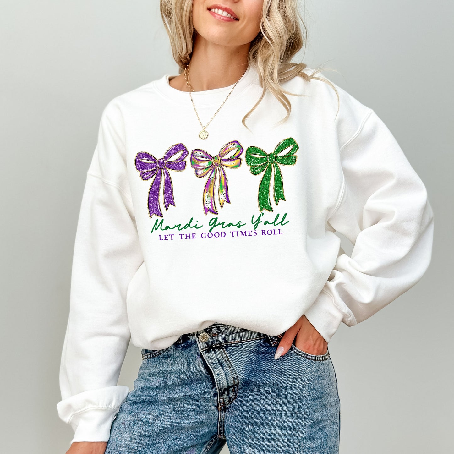 Mardi Gras Bow Sweatshirt, Purple Green Gold Graphic Crewneck, Let The Good Times Roll Sweatshirt