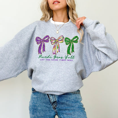 Mardi Gras Bow Sweatshirt, Purple Green Gold Graphic Crewneck, Let The Good Times Roll Sweatshirt