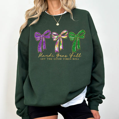 Mardi Gras Bow Sweatshirt, Purple Green Gold Graphic Crewneck, Let The Good Times Roll Sweatshirt