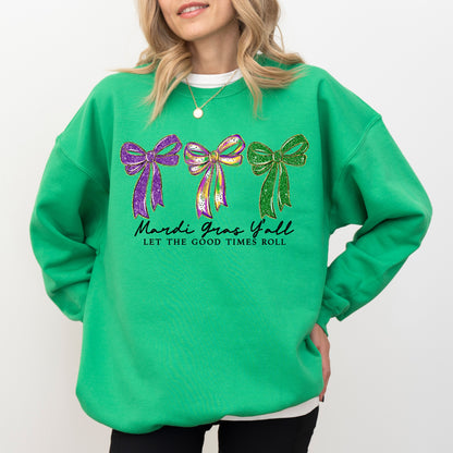 Mardi Gras Bow Sweatshirt, Purple Green Gold Graphic Crewneck, Let The Good Times Roll Sweatshirt
