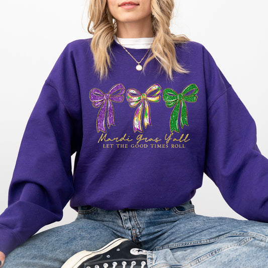Mardi Gras Bow Sweatshirt, Purple Green Gold Graphic Crewneck, Let The Good Times Roll Sweatshirt