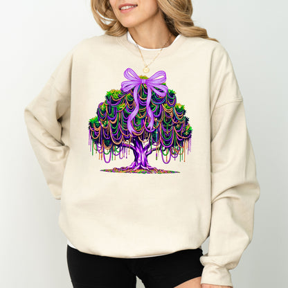 Mardi Gras Tree Sweatshirt, Purple Green Gold Bow Graphic Crewneck, Mardi Gras Beads Tree Top