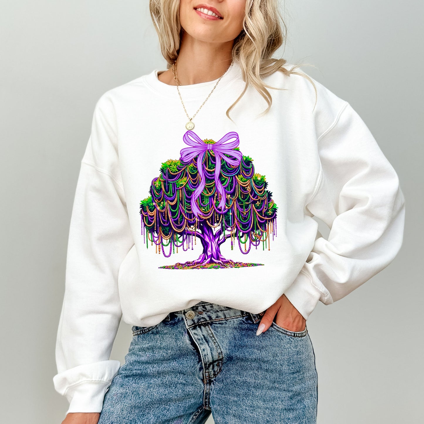 Mardi Gras Tree Sweatshirt, Purple Green Gold Bow Graphic Crewneck, Mardi Gras Beads Tree Top