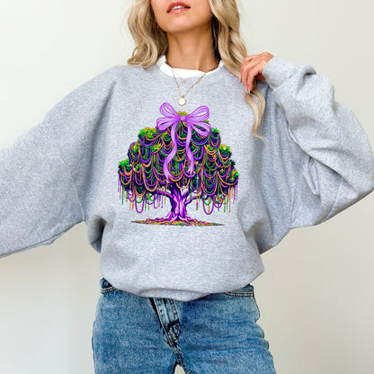 Mardi Gras Tree Sweatshirt, Purple Green Gold Bow Graphic Crewneck, Mardi Gras Beads Tree Top