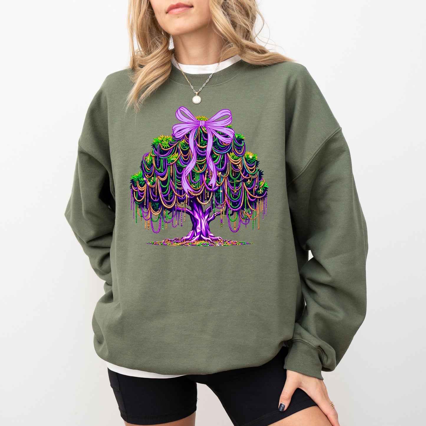Mardi Gras Tree Sweatshirt, Purple Green Gold Bow Graphic Crewneck, Mardi Gras Beads Tree Top
