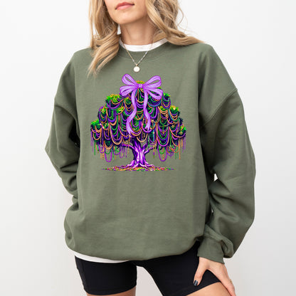 Mardi Gras Tree Sweatshirt, Purple Green Gold Bow Graphic Crewneck, Mardi Gras Beads Tree Top