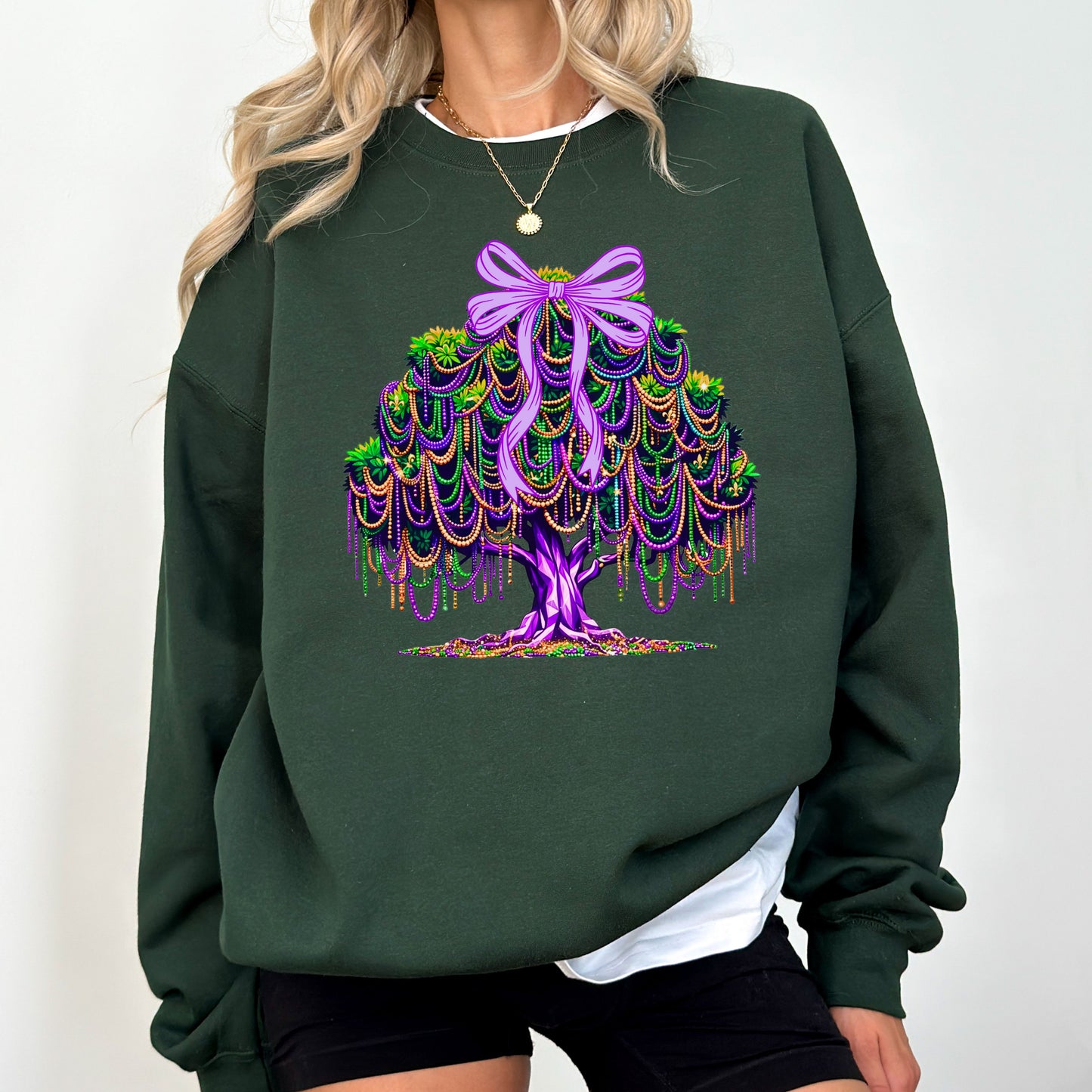 Mardi Gras Tree Sweatshirt, Purple Green Gold Bow Graphic Crewneck, Mardi Gras Beads Tree Top