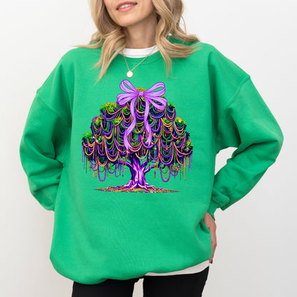 Mardi Gras Tree Sweatshirt, Purple Green Gold Bow Graphic Crewneck, Mardi Gras Beads Tree Top
