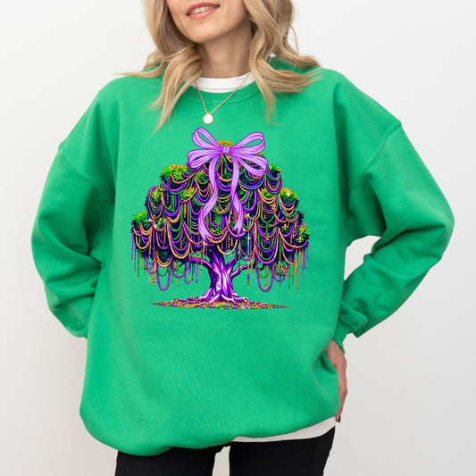 Mardi Gras Tree Sweatshirt, Purple Green Gold Bow Graphic Crewneck, Mardi Gras Beads Tree Top