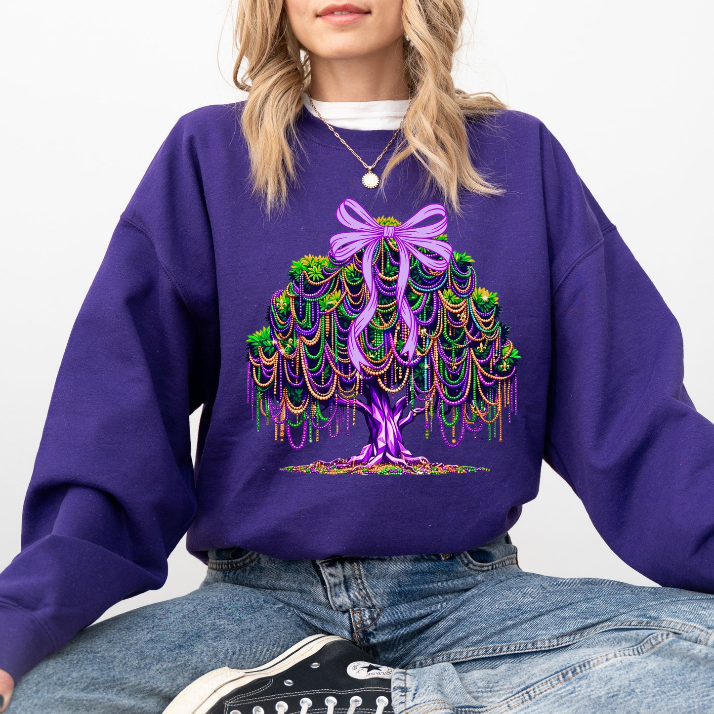 Mardi Gras Tree Sweatshirt, Purple Green Gold Bow Graphic Crewneck, Mardi Gras Beads Tree Top