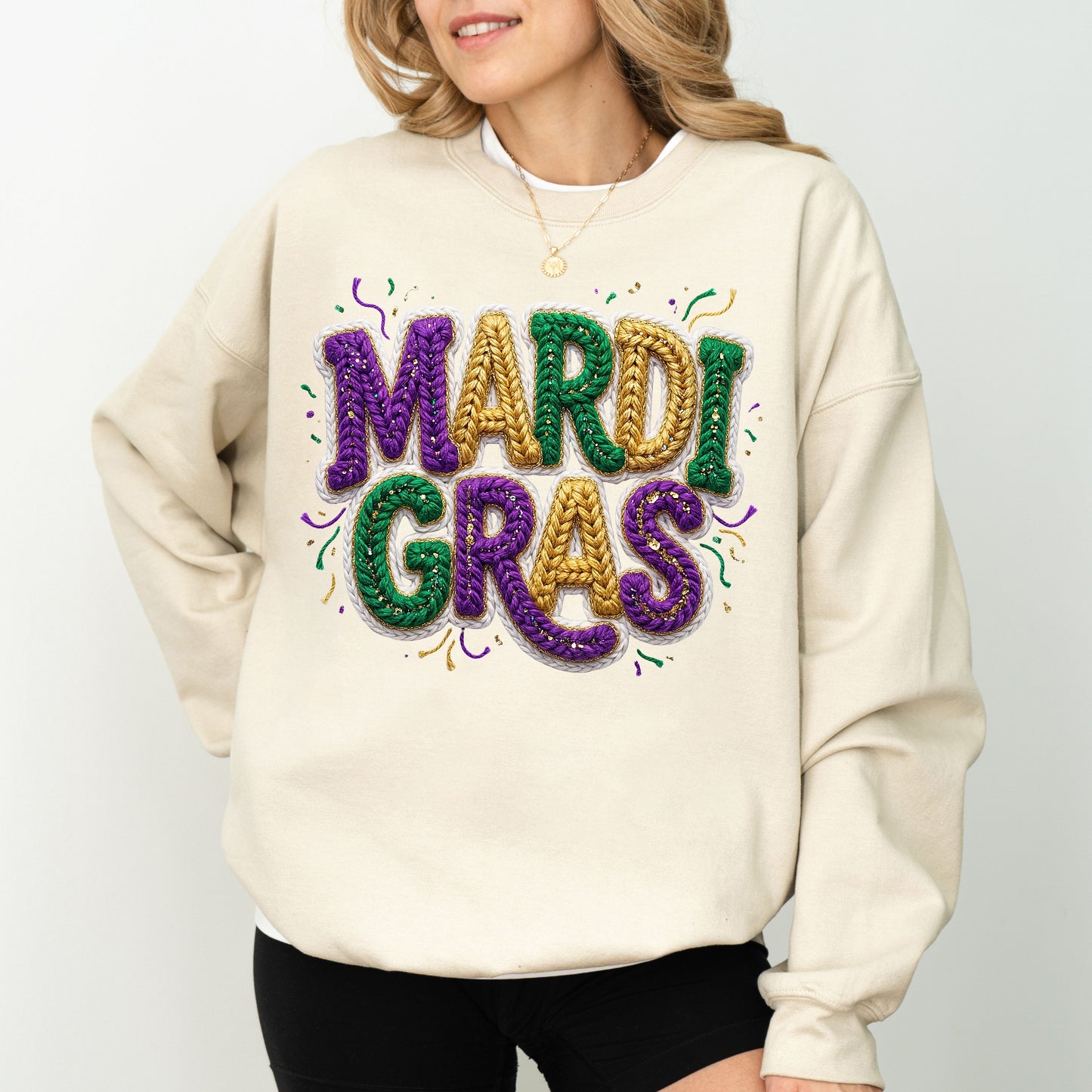 Faux Yarn Mardi Gras Sweatshirt, Knitted Look Purple Green Gold Graphic Crewneck, Mardi Gras Parade Top