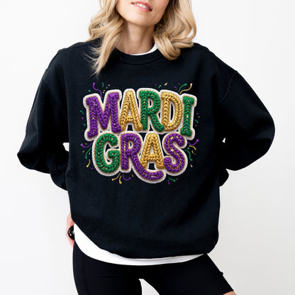 Faux Yarn Mardi Gras Sweatshirt, Knitted Look Purple Green Gold Graphic Crewneck, Mardi Gras Parade Top