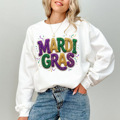 Faux Yarn Mardi Gras Sweatshirt, Knitted Look Purple Green Gold Graphic Crewneck, Mardi Gras Parade Top