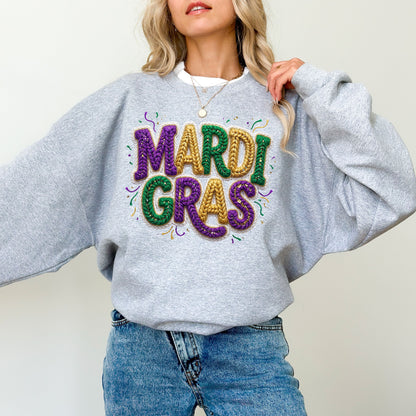 Faux Yarn Mardi Gras Sweatshirt, Knitted Look Purple Green Gold Graphic Crewneck, Mardi Gras Parade Top
